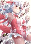  1girl absurdres blush bow breasts cherry_blossoms clenched_hand flower gloves grin hair_bow hair_flower hair_ornament hanagamigendai highres leotard long_hair original personification pink_bow silver_hair small_breasts smile spring_(season) white_background white_gloves 