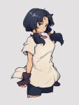  1girl bike_shorts black_hair blue_eyes brown_gloves closed_mouth commentary_request dragon_ball dragon_ball_z fingerless_gloves gloves grey_background kemachiku looking_at_viewer medium_hair shirt simple_background solo t-shirt twintails videl white_shirt 