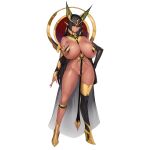  1girl animal_ears ankh areola_slip areolae bangs black_hair black_legwear breasts dark-skinned_female dark_elf dark_skin egyptian egyptian_clothes elf full_body green_eyes hair_between_eyes high_heels highres hime_cut huge_breasts jackal_ears last_origin long_hair long_pointy_ears looking_at_viewer no_panties official_art pasties pelvic_curtain pointy_ears revealing_clothes sekhmet_of_death simple_background single_thighhigh snowball22 solo tachi-e thighhighs transparent_background very_long_hair 