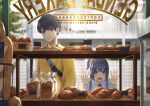  1boy 1girl absurdres bakery black_hair blue_eyes bread cookie drooling english_text food hanagamigendai hand_on_glass highres long_sleeves medium_hair original shirt shop short_hair side_ponytail standing suspenders window yellow_shirt 