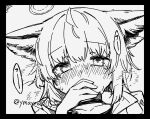  1girl animal_ears arknights bangs black_border blush border collarbone commentary covering_mouth eyebrows_visible_through_hair fox_ears greyscale half-closed_eyes heavy_breathing high_contrast jacket looking_at_viewer monochrome nose_blush portrait short_hair simple_background solo speech_bubble sussurro_(arknights) tears twitter_username white_background yom_(ymayma00ss) 