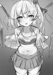  1girl :d absurdres alternate_costume bangs bare_shoulders blush bow breasts bright_pupils cheerleader collarbone commentary_request cowboy_shot crystal eyebrows_visible_through_hair fang flandre_scarlet greyscale hair_between_eyes hair_bow highres kamukamu_23 looking_at_viewer midriff monochrome navel no_hat no_headwear one_side_up open_mouth pleated_skirt pointy_ears pom_pom_(cheerleading) short_hair sketch skirt small_breasts smile solo thighhighs touhou white_pupils wings 