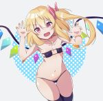  1girl absurdres bangs bikini black_bikini black_legwear blonde_hair bow breasts claw_pose commentary_request cowboy_shot crystal dutch_angle eyebrows_visible_through_hair fang flandre_scarlet gao gradient gradient_background grey_background hair_between_eyes hair_bow hands_up highres kamukamu_23 light_blush long_hair looking_at_viewer micro_bikini navel no_hat no_headwear one_side_up open_mouth outline pink_eyes polka_dot polka_dot_background red_bow simple_background skin_fang small_breasts solo swimsuit thighhighs thighs touhou white_outline wings 