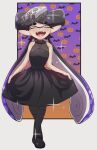  1girl bat black_dress black_footwear black_hair black_legwear callie_(splatoon) closed_eyes commentary_request dress facing_viewer fangs full_body gradient_hair halloween halloween_costume highres long_hair mary_janes medium_dress mole mole_under_eye multicolored_hair object_on_head open_mouth pantyhose pointy_ears purple_hair shoes skirt_hold sleeveless sleeveless_dress smile solo sparkle splatoon_(series) standing tentacle_hair tied_hair usa_(dai9c_carnival) very_long_hair 