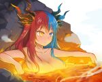  1girl :o bangs bathing blue_eyes blue_hair blue_horns blush breasts bright_pupils commission commissioner_upload completely_nude day dragon_girl dragon_horns eyebrows_visible_through_hair glowing heterochromia highres horns inferna_dragnis large_breasts long_hair molten_rock monster_girl multicolored_hair nude original outdoors outstretched_arms pale_skin rock shiny shiny_skin sitting solo split-color_hair spread_arms steam two-tone_hair usagi1923 volcano white_pupils 