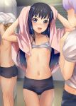  3girls arms_up asashio_(kancolle) ass black_hair blush bra bra_lift buruma changing_room commentary_request commission drying drying_hair flat_chest gym_uniform highres holding holding_towel indoors kantai_collection long_hair looking_at_viewer michishio_(kancolle) multiple_girls navel nipples ooshio_(kancolle) open_mouth panties petite shirt skeb_commission smile sody standing sweat towel towel_on_head underwear undressing wet wet_hair 
