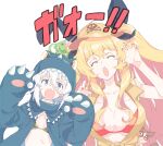  2girls anne_bonny_(fate) bikini bikini_top blonde_hair blue_eyes breasts chameleon claw_pose closed_eyes dinosaur_costume fate/grand_order fate_(series) hat large_breasts lemur mary_read_(fate) multiple_girls scar scar_on_face small_breasts swimsuit t-okada white_background white_hair 
