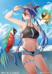  1girl arknights arm_up armpits bangs bare_arms bare_shoulders bikini bird black_bikini blue_hair blue_shorts blue_sky ch&#039;en_(arknights) cloud collarbone cowboy_shot dated day dragon_horns female_tourist_c_(arknights) highres horns liangwoyao long_hair looking_to_the_side micro_shorts navel open_fly parrot parted_lips red_eyes shorts sky solo standing stomach sunglasses swimsuit thigh_strap thighs very_long_hair visor_cap weibo_logo weibo_username 