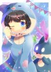  1girl animal_costume animal_ears bangs black_hair blue_eyes blurry blurry_background blush closed_mouth commentary_request commission depth_of_field fake_animal_ears hood hood_up kou_hiyoyo long_sleeves munchlax one_eye_closed original pennant pig_costume pig_ears pig_hood pokemon pokemon_(creature) skeb_commission sleeves_past_wrists string_of_flags waking_up wavy_mouth wide_sleeves 