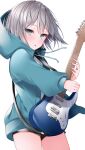  1girl aoba_moca bang_dream! bangs black_shorts blue_jacket commentary_request drawstring electric_guitar eyebrows_visible_through_hair green_eyes grey_hair guitar highres holding holding_instrument hood hood_up hooded_jacket instrument jacket komomo_(ptkrx) long_sleeves parted_lips puffy_long_sleeves puffy_sleeves short_shorts shorts simple_background sleeves_past_fingers sleeves_past_wrists solo white_background 