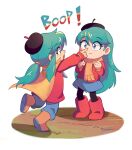  2girls a_hat_in_time bangs beret black_legwear blue_eyes blue_hair blue_pants blue_skirt boots brown_footwear bzzt_gcxll cape clenched_hands cosplay crossover english_text finger_to_another&#039;s_nose hat hat_kid highres hilda_(hilda) hilda_(hilda)_(cosplay) hilda_(series) jacket long_hair looking_at_another medium_hair multiple_girls pants poking_nose ponytail pullover red_footwear red_jacket scarf signature simple_background skirt sound_effects surprised wide-eyed 