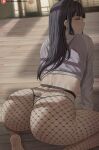  1girl arched_back ass bangs black_hair black_legwear blunt_bangs blurry blurry_background closed_mouth commentary crop_top day english_commentary eyelashes fishnet_legwear fishnets from_behind g-string highres hood hood_down hyuuga_hinata indoors long_hair long_sleeves looking_at_viewer looking_back naruto_(series) naruto_shippuuden no_pupils panties patreon_logo patreon_username profile shadow shexyo sitting solo string_panties sunlight thighs thong underwear web_address wooden_floor 