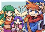  1boy 2girls blue_eyes closed_mouth commentary_request dress earrings feena_(grandia) fingerless_gloves gloves grandia grandia_i green_eyes green_hair hair_ornament hair_tubes hat jewelry justin_(grandia) long_hair looking_at_viewer midriff multiple_girls navel necklace open_mouth pongari purple_hair puui_(grandia) skirt smile sue_(grandia) 
