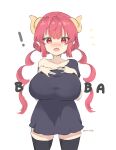  ! 1girl absurdres bangs black_legwear blush booba_(meme) breast_suppress breasts collarbone commentary cowboy_shot dragon_girl dragon_horns english_commentary english_text eyebrows_visible_through_hair fang hands_up highres horns huge_breasts ilulu_(maidragon) kobayashi-san_chi_no_maidragon long_hair looking_at_viewer meme mixed-language_commentary nose_blush open_mouth pink_hair pointy_ears red_eyes red_hair romaji_commentary shirt signature simple_background slit_pupils solo standing straight-on thighhighs twintails twitter_username white_background 