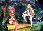  2girls absurdres aegis_sword_(xenoblade) bangs bare_legs bare_shoulders black_gloves blonde_hair breasts chest_jewel cleavage cleavage_cutout clothing_cutout dress earrings elbow_gloves gloves highres jewelry large_breasts long_hair multiple_girls mythra_(xenoblade) oreoreoxt pyra_(xenoblade) red_eyes red_hair red_legwear red_shorts short_dress short_hair short_shorts shorts swept_bangs sword thigh_strap thighhighs tiara very_long_hair weapon white_dress white_footwear white_gloves xenoblade_chronicles_(series) xenoblade_chronicles_2 yellow_eyes 