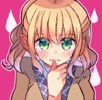  1girl bangs biting blonde_hair blush breasts brown_jacket crying crying_with_eyes_open eyebrows_visible_through_hair green_eyes highres jacket jealous layered_clothing medium_breasts medium_hair meimei_(meimei89008309) mizuhashi_parsee open_mouth pointy_ears short_sleeves simple_background tears thumb_biting touhou upper_body wavy_hair 
