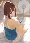  1girl arm_up bare_shoulders barefoot blue_shirt bottle brown_hair closed_mouth commentary criss-cross_halter electric_fan halterneck holding holding_bottle indoors kamizaki_hibana looking_at_viewer looking_back original purple_eyes shirt short_hair shorts sidelocks sitting solo spaghetti_strap towel towel_on_head water_bottle white_shorts 