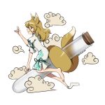  1girl animal_ears bare_legs barefoot blonde_hair breasts brown_eyes cloud corked_bottle fox_ears fox_girl fox_shadow_puppet full_body giantcavemushroom green_ribbon highres kudamaki_tsukasa medium_hair ribbon romper simple_background small_breasts socks socks_removed tabi test_tube touhou white_background 