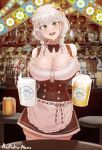  1girl aestheticc-meme alcohol animal_ears animal_print apron artist_name beer beer_mug bow bowtie braid braided_ponytail breasts buckle cleavage collar corset cow_ears cow_girl cow_horns cow_print cow_tail cowboy_shot cup extra_ears eyebrows_visible_through_hair flower foam frilled_skirt frilled_sleeves frills german_clothes green_eyes hair_flower hair_ornament head_tilt highres hime_cut hololive horns huge_breasts medium_hair milk miniskirt mug oktoberfest open_mouth overflow overflowing puffy_short_sleeves puffy_sleeves shirogane_noel short_hair short_sleeves short_twintails sidelocks silver_hair skirt smile solo streamers suspenders tail thighhighs twintails virtual_youtuber white_hair yagoo zettai_ryouiki 