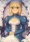 1girl ahoge armchair artoria_pendragon_(fate) bangs blonde_hair blue_dress boa_(brianoa) braid braided_bun breasts buttons chair cleavage_cutout closed_mouth clothing_cutout commentary cross-laced_clothes dress english_commentary eyebrows_visible_through_hair fate/stay_night fate_(series) flower green_eyes hair_bun hands_on_lap high_collar highres juliet_sleeves light_blush lily_(flower) long_sleeves looking_at_viewer own_hands_together puffy_sleeves saber short_hair sidelocks sitting small_breasts smile solo twitter_username white_flower 