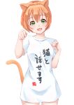  1girl :3 :o absurdres animal_ears cat_ears cat_girl cat_tail curled_fingers eyebrows_visible_through_hair green_eyes hair_between_eyes hand_up highres hoshizora_rin kobayashi_nyoromichi long_shirt love_live! love_live!_school_idol_project nekomata open_mouth orange_hair paw_pose short_hair simple_background solo tail tail_raised translation_request white_background 