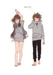  1boy 1girl alternate_costume arms_up bangs barefoot black_pants blue_eyes blush brown_hair closed_eyes closed_mouth eyelashes grey_hoodie hagetapo hilbert_(pokemon) hilda_(pokemon) hood hood_down hoodie long_hair long_sleeves looking_up pants parted_lips pokemon pokemon_(game) pokemon_bw short_sleeves sidelocks simple_background stretch symbol-only_commentary tearing_up toes white_background 
