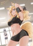  2girls animal_ear_fluff animal_ears arknights armband arms_up bare_shoulders black_hair black_ribbon black_shorts blonde_hair blue_eyes breasts chinese_commentary commentary_request cowboy_shot crop_top dated dobermann_(arknights) hair_ribbon highres indoors large_breasts large_tail liangwoyao long_hair looking_at_viewer midriff multiple_girls navel ribbon short_shorts shorts smile sports_bra standing stomach sweat tail thighs whislash_(arknights) 