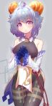  1girl :o ahoge blue_gloves blue_hair bodystocking breasts croissant detached_sleeves food ganyu_(genshin_impact) genshin_impact gloves head_tilt looking_at_viewer medium_breasts open_mouth purple_eyes rakostep short_hair solo thigh_gap 
