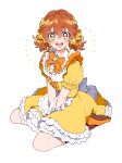 1girl :d alternate_hairstyle apron bangs between_legs blush bow bowtie braid brown_eyes dress fresh_precure! frilled_dress frills full_body hair_bow hand_between_legs idol kb83ys looking_at_viewer maid_apron open_mouth orange_bow orange_bowtie orange_footwear orange_hair precure puffy_short_sleeves puffy_sleeves shoes short_hair short_sleeves short_twintails simple_background sitting smile solo twintails v_arms wariza white_background yamabuki_inori yellow_dress 