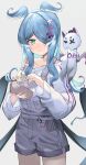  1girl absurdres animal_on_shoulder blue_hair blush collarbone dragon elira_pendora green_eyes grey_background grey_overalls hair_over_one_eye head_tilt head_wings highres holding holding_money holding_wallet long_hair looking_at_viewer looking_down money nijisanji nijisanji_en off_shoulder one_eye_covered overall_shorts overalls pikl_(elira_pendora) ruisha smile solo sweat sweater virtual_youtuber wallet white_sweater 
