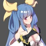  1girl absurdres bangs bare_shoulders belt blue_hair breasts choker cleavage collarbone detached_sleeves dizzy_(guilty_gear) eyebrows_visible_through_hair grey_background guilty_gear guilty_gear_xrd hair_ribbon hair_rings highres large_breasts long_hair long_sleeves looking_to_the_side low_twintails multiple_belts ohihil profile red_eyes ribbon shiny shiny_hair simple_background smile solo twintails upper_body 