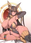  1girl animal_ears ankh arm_behind_head bangs black_hair black_legwear blush breasts carcass_(artist) circlet dark-skinned_female dark_elf dark_skin egyptian egyptian_clothes elf green_eyes hair_between_eyes high_heels highres hime_cut huge_breasts jackal_ears large_breasts last_origin long_hair long_pointy_ears pointy_ears sekhmet_of_death simple_background single_thighhigh sitting solo sweat thighhighs very_long_hair white_background 