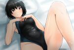  1girl amagami black_eyes black_hair black_swimsuit bob_cut breasts commentary_request competition_swimsuit dress_shirt highres lying nanasaki_ai one-piece_swimsuit shirt short_hair small_breasts solo swimsuit white_shirt ykh1028 
