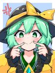  1girl anger_vein black_headwear blue_background blush collared_shirt diamond_(shape) fingersmile forced_smile frilled_shirt_collar frilled_sleeves frills gozen_(gozen0707) green_eyes green_hair hat hat_ribbon highres komeiji_koishi long_sleeves ribbon shirt short_hair simple_background smile solo touhou upper_body wavy_hair wide_sleeves yellow_ribbon yellow_shirt 