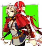  141hio 2girls ahoge back-to-back bangs blonde_hair caeldori_(fire_emblem) fire_emblem fire_emblem_fates hairband key long_hair looking_at_another multiple_girls nina_(fire_emblem) red_hair smile upper_body 