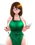  1girl absurdres apron bakemonogatari bare_shoulders blurry blurry_background blush braid breasts brown_hair bursting_breasts coffee collarbone cup earrings english_text fraankyy glasses green_apron hanekawa_tsubasa highres holding holding_cup huge_breasts iced_latte_with_breast_milk_(meme) jewelry long_hair looking_at_viewer md5_mismatch meme monogatari_(series) naked_apron pen purple_eyes resolution_mismatch shoulders sideboob simple_background smile solo source_smaller standing starbucks thick_thighs thighhighs thighs twitter_username waitress white_background wide_hips 