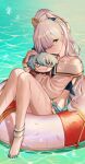  1girl anastasia_(fate) anastasia_(swimsuit_archer)_(fate) bangs bare_shoulders barefoot bikini blue_bikini blue_eyes blue_skirt blush bow breasts collarbone fate/grand_order fate_(series) hair_bow hair_over_one_eye highres innertube kadoc_zemlupus large_breasts legs long_hair long_sleeves looking_at_viewer matsu_bokkuri miniskirt navel ponytail puffy_long_sleeves puffy_sleeves silver_hair sitting skirt stuffed_toy swimsuit very_long_hair water wet 