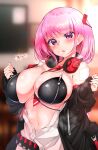  1girl aruto_(shake_onigiri) bandaid bandaid_on_shoulder between_breasts bikini black_bikini blue_archive breasts eimi_(blue_archive) headphones headphones_around_neck highres large_breasts necktie necktie_between_breasts pink_hair purple_eyes solo swimsuit zipper zipper_pull_tab 