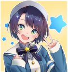  1girl :d aqua_eyes bangs black_hair blue_bow blue_bowtie blue_shirt blush bob_cut bow bowtie buttons commentary gradient_eyes green_eyes hand_on_own_chest hat head_tilt highres hololive multicolored_eyes oozora_subaru open_mouth round_teeth sailor_collar sailor_hat school_uniform serafuku shiratama-11 shirt short_hair simple_background sleeves_past_wrists smile solo star_(symbol) swept_bangs teeth undershirt upper_body upper_teeth v virtual_youtuber white_headwear white_sailor_collar white_shirt yellow_background yellow_eyes 