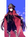  1girl bangs belt black_hair black_headwear black_pants black_shirt blue_background boots cape closed_mouth commentary_request fate/grand_order fate_(series) feet_out_of_frame gloves hand_on_hip hat hat_ornament kanitama_(putyourhead) katana long_hair long_sleeves looking_at_viewer oda_nobunaga_(fate) oda_nobunaga_(koha/ace) oda_uri pants red_cape red_eyes shirt smile solo sword v-shaped_eyebrows weapon white_gloves 