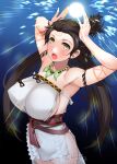  1girl armpits arms_up bare_shoulders body_markings breasts brown_eyes brown_hair cleavage dress facial_mark fate/grand_order fate_(series) forehead forehead_mark highres himiko_(fate) large_breasts long_hair looking_at_viewer magatama magatama_necklace open_mouth sash side_slit sideboob solo thighs topknot tsurugi_ai_(seikan_hitchhiker) twintails white_dress 