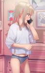  1girl bangs cellphone eyebrows_visible_through_hair grey_hair grey_panties hair_down highres holding holding_phone indoors long_hair makaino_ririmu multicolored_hair nijisanji no_pants open_mouth panties phone red_hair sabamen shirt short_sleeves smartphone solo standing streaked_hair t-shirt talking_on_phone two-tone_hair underwear virtual_youtuber white_shirt 