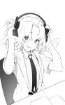  +_+ 1girl :d blush desk greyscale hands_up head_tilt headphones highres indie_virtual_youtuber jacket kotoribako looking_at_viewer monochrome necktie on_chair open_clothes open_jacket open_mouth short_sleeves simple_background sitting smile solo virtual_youtuber white_background yozora_tsukimi 