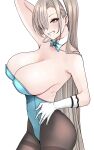  1girl animal_ears arm_behind_head asuna_(blue_archive) bare_shoulders black_legwear blonde_hair blue_archive blue_eyes blush breasts cleavage covered_navel fake_animal_ears gloves grin h2o_(ddks2923) hair_over_one_eye highres large_breasts long_hair looking_at_viewer pantyhose playboy_bunny rabbit_ears simple_background smile solo thighband_pantyhose white_background white_gloves 