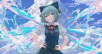  1girl blue_bow blue_dress blue_eyes blue_hair bow cirno cloud cloudy_sky dress fairy grin hair_between_eyes hair_bow hands_on_hips highres ice ice_wings kyusoukyu puffy_short_sleeves puffy_sleeves red_ribbon ribbon shirt short_hair short_sleeves sky smile solo touhou upper_body white_shirt wings 