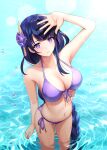  1girl arm_up armpits bare_arms bare_shoulders bikini braid breasts cleavage flower front-tie_bikini front-tie_top genshin_impact hair_flower hair_ornament halter_top halterneck highres large_breasts long_hair looking_at_viewer mole mole_under_eye nail_polish navel parted_lips purple_bikini purple_eyes purple_hair raiden_shogun shading_eyes side-tie_bikini single_braid solo sony_kisaragi standing stomach string_bikini swimsuit very_long_hair wading water wet 