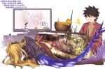  1girl ^^^ black_hair blonde_hair dark-skinned_female dark_skin dragon_girl dragon_horns dragon_tail fate/grand_order fate_(series) food fruit fujimaru_ritsuka_(male) highres horns kotatsu long_hair long_sleeves lying mandarin_orange mitsurugi_sugar on_side short_hair sitting solo spikes sweater table tail television translated under_kotatsu under_table veil vritra_(fate) 