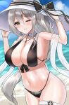  1girl absurdres aquila_(a_sip_of_sardegnian_elegance)_(azur_lane) aquila_(azur_lane) azur_lane beach bikini black_bikini black_bow bow breasts choker eyebrows_visible_through_hair green_eyes hair_between_eyes hat highleg highleg_bikini highres huge_breasts looking_at_viewer navel official_alternate_costume one_eye_closed outdoors satsuka_(258) solo sun_hat swimsuit white_choker white_headwear 