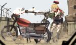  1girl absurdres ak-47_(girls&#039;_frontline) ammunition_box bare_shoulders beret black_shorts blonde_hair blue_eyes boots clenched_teeth commission dshk firing gar32 girls&#039;_frontline ground_vehicle gun hat heavy_machine_gun highres long_hair machine_gun motor_vehicle motorcycle one_eye_closed outdoors red_bandana shell_casing shorts solo standing tank_top teeth weapon 