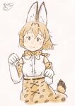  1girl :3 animal_ear_fluff animal_print bangs bare_shoulders beige_background blush blush_stickers bow bowtie bright_pupils brown_eyes chii-kun_(seedyoulater) clenched_hands closed_mouth cowboy_shot cropped_legs elbow_gloves extra_ears gloves hands_up head_tilt high-waist_skirt kemono_friends looking_at_viewer nose_blush orange_hair orange_skirt pale_color paw_pose print_bow print_bowtie print_gloves print_skirt serval_(kemono_friends) serval_print shirt short_hair signature simple_background skirt sleeveless sleeveless_shirt smile solo standing straight-on tail tareme two-tone_gloves white_gloves white_pupils white_shirt 